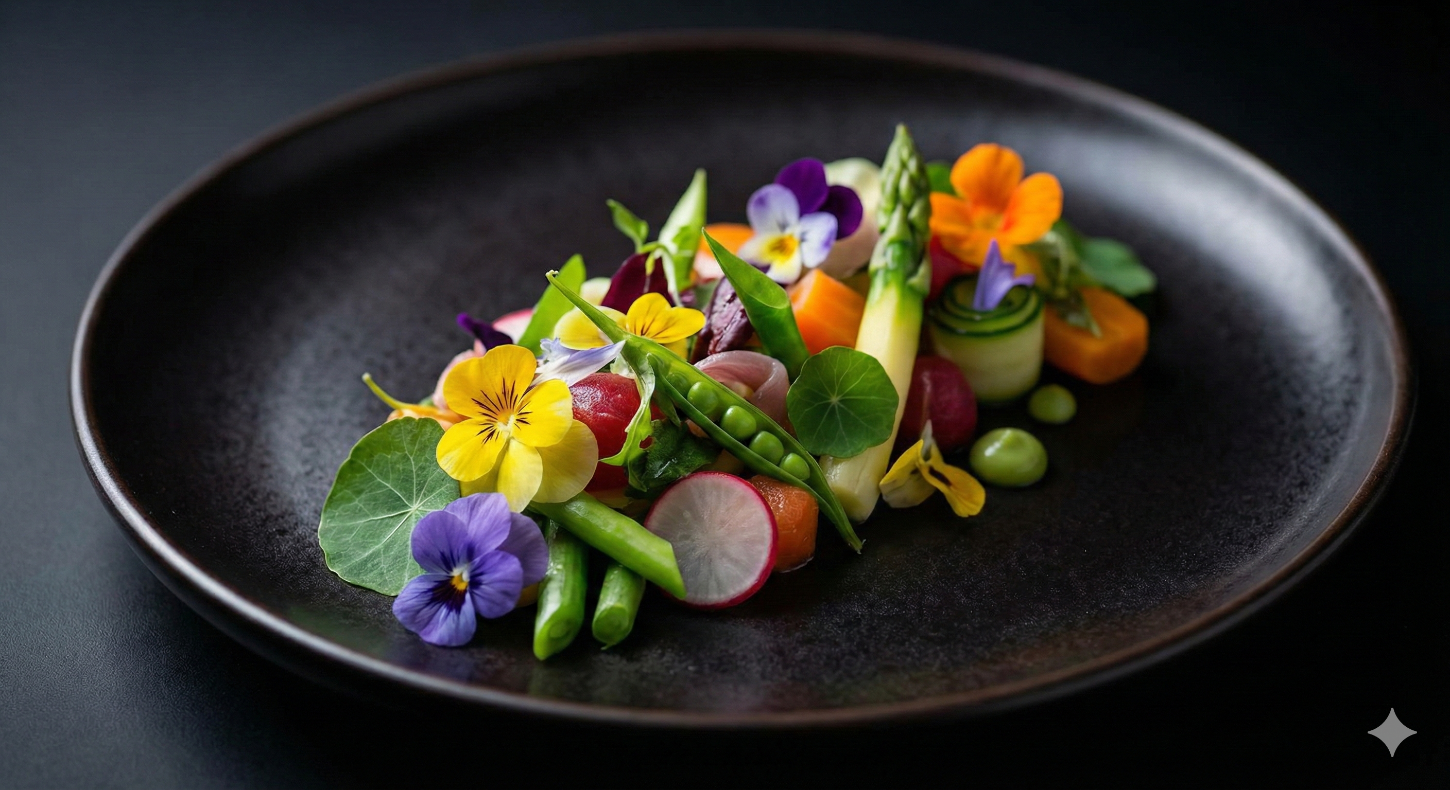 Färgstark växtbaserad rätt på en mörk tallrik