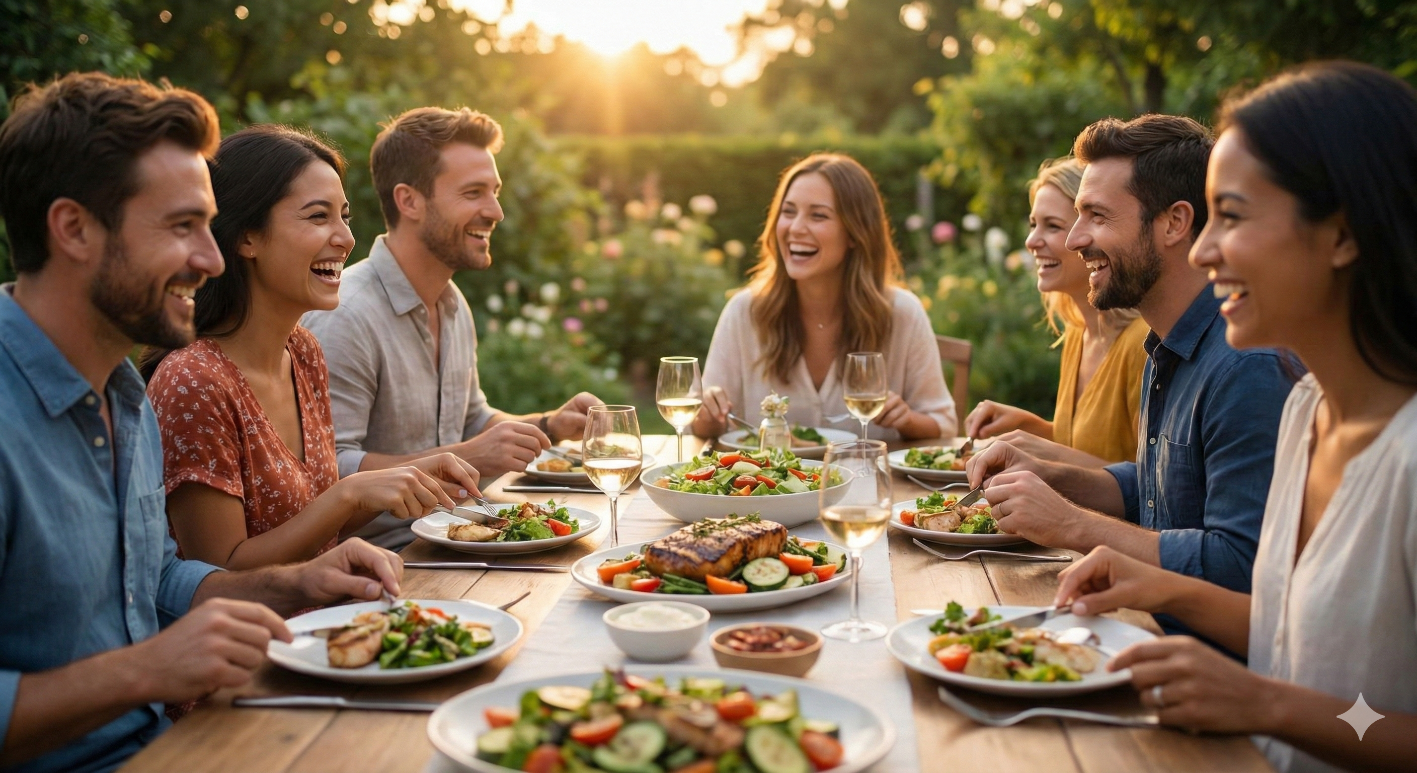 Vänner som delar mat vid ett bord utomhus