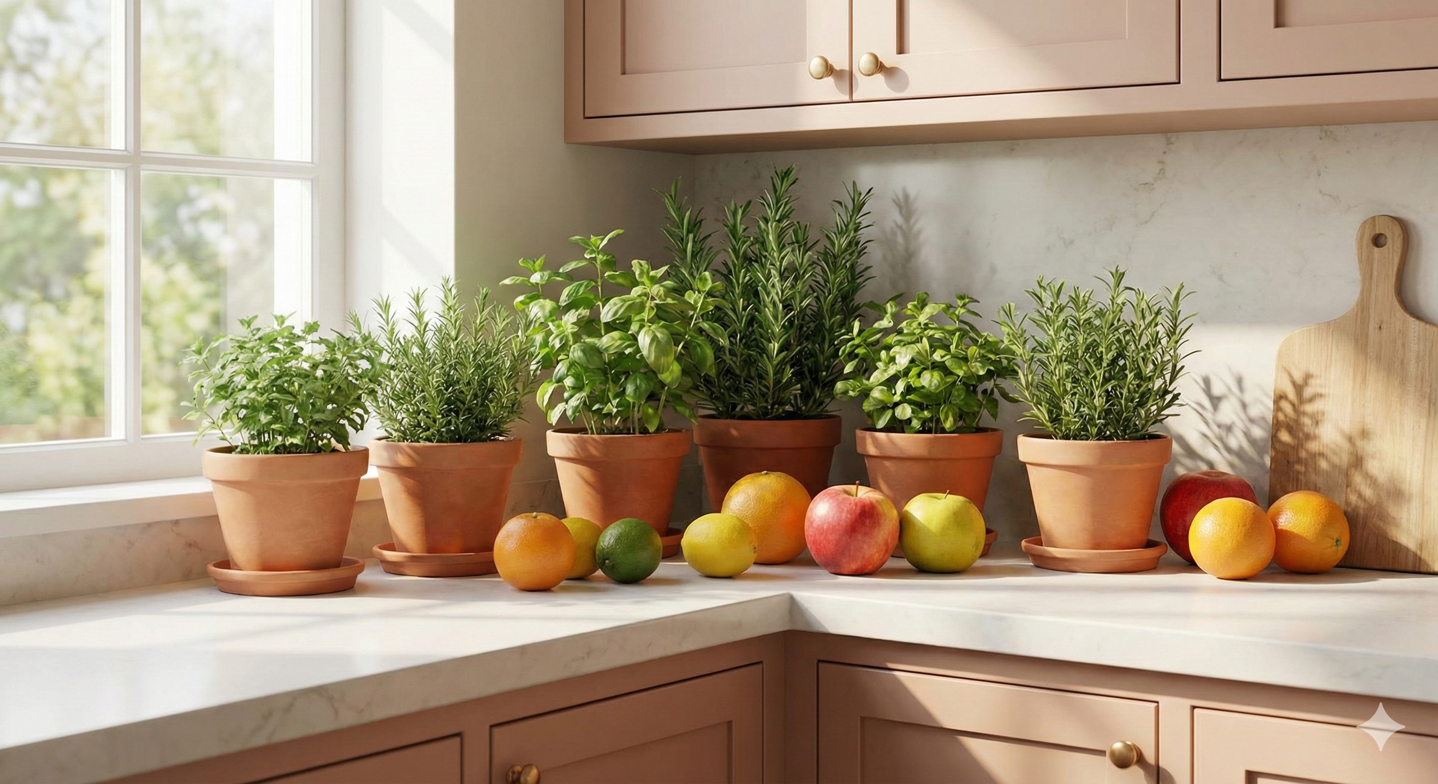 Färska örter i krukor på en köksbänk